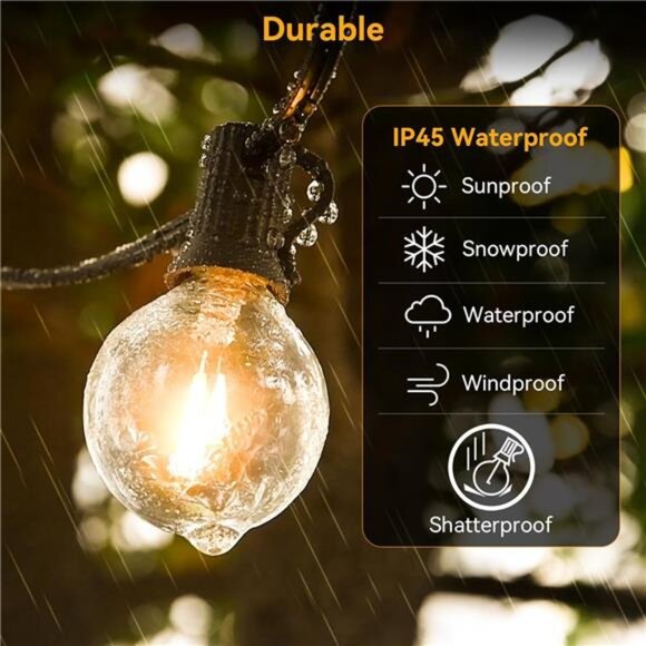 100ft Outdoor String Lights Waterproof/Connectable/Dimmable with 62 LED Bulbs - Picture 3 of 7